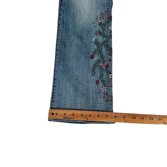 Driftwood Kelly Womens Blue Classic Fit Floral Embroidered Flare Jeans Size 29 - Picture 16 of 16